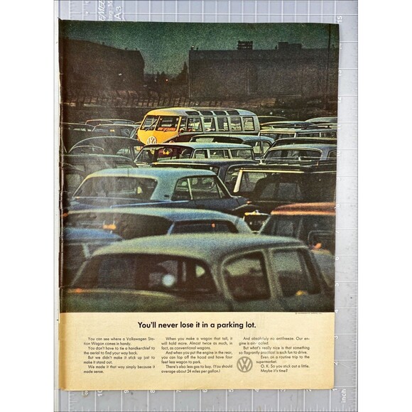 Volkswagen Bus Wagon "You'll Never Lose it in a Parking Lot" Vtg Print Ad 1964 - Picture 2 of 3